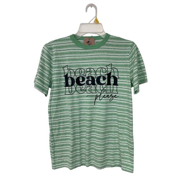 New Upcycled Hand Printed Womens Medium Striped Beach Please Crew Neck Tee - Picture 1 of 4